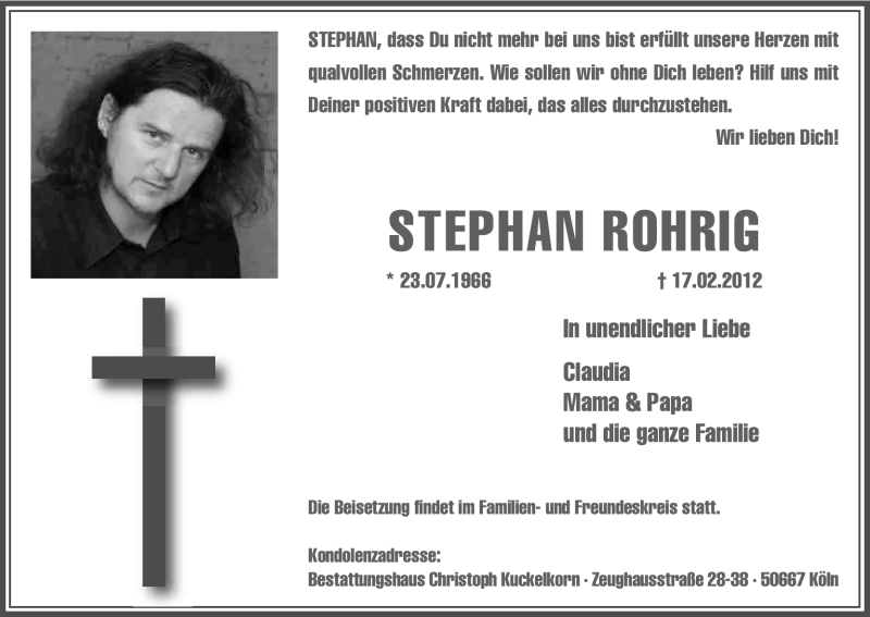  Traueranzeige für Stephan Rohrig vom 24.02.2012 aus Kölner Stadt-Anzeiger / Kölnische Rundschau / Express