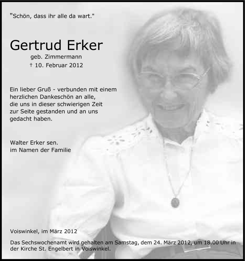 Traueranzeige für Gertrud Erker vom 10.03.2012 aus Kölner Stadt-Anzeiger / Kölnische Rundschau / Express