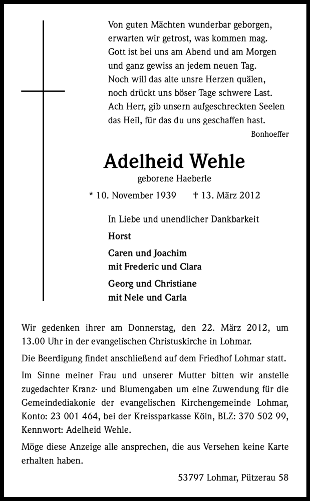  Traueranzeige für Adelheid Wehle vom 17.03.2012 aus Kölner Stadt-Anzeiger / Kölnische Rundschau / Express