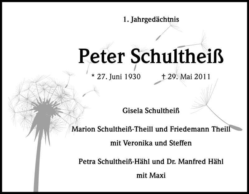  Traueranzeige für Peter Schultheiß vom 29.05.2012 aus Kölner Stadt-Anzeiger / Kölnische Rundschau / Express