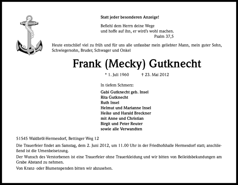  Traueranzeige für Frank Gutknecht vom 26.05.2012 aus Kölner Stadt-Anzeiger / Kölnische Rundschau / Express