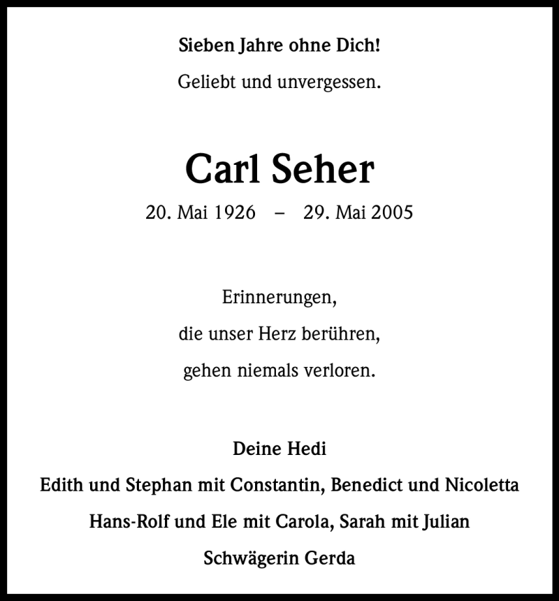  Traueranzeige für Carl Seher vom 29.05.2012 aus Kölner Stadt-Anzeiger / Kölnische Rundschau / Express