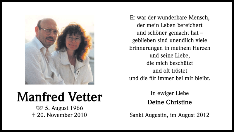  Traueranzeige für Manfred Vetter vom 04.08.2012 aus Kölner Stadt-Anzeiger / Kölnische Rundschau / Express