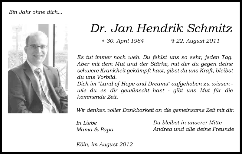  Traueranzeige für Jan Hendrik Schmitz vom 22.08.2012 aus Kölner Stadt-Anzeiger / Kölnische Rundschau / Express
