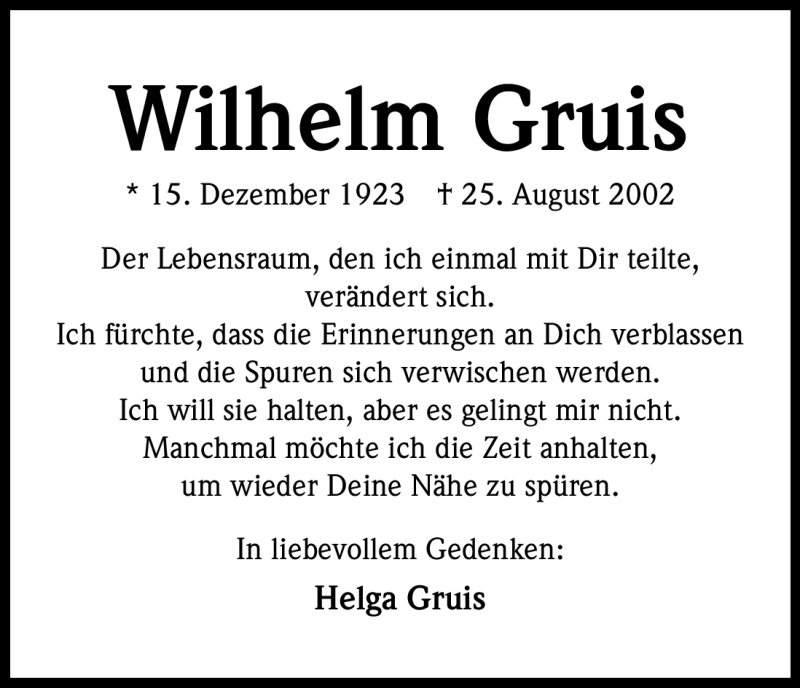  Traueranzeige für Wilhelm Gruis vom 25.08.2012 aus Kölner Stadt-Anzeiger / Kölnische Rundschau / Express