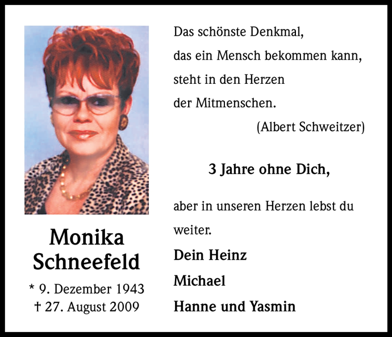  Traueranzeige für Monika Schneefeld vom 25.08.2012 aus Kölner Stadt-Anzeiger / Kölnische Rundschau / Express