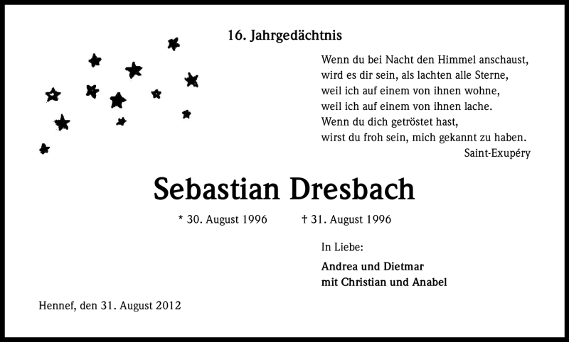  Traueranzeige für Sebastian Dresbach vom 31.08.2012 aus Kölner Stadt-Anzeiger / Kölnische Rundschau / Express