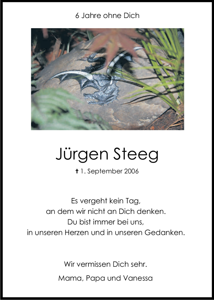  Traueranzeige für Jürgen Steeg vom 01.09.2012 aus Kölner Stadt-Anzeiger / Kölnische Rundschau / Express