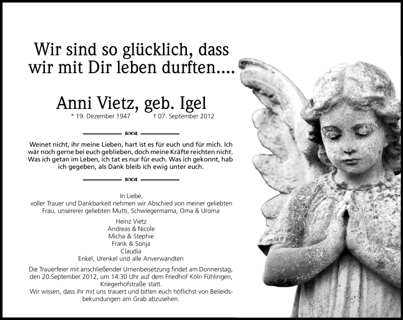  Traueranzeige für Anni Vietz vom 15.09.2012 aus Kölner Stadt-Anzeiger / Kölnische Rundschau / Express