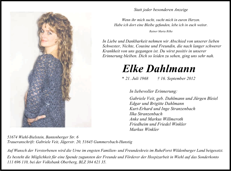  Traueranzeige für Elke Dahlmann vom 19.09.2012 aus Kölner Stadt-Anzeiger / Kölnische Rundschau / Express