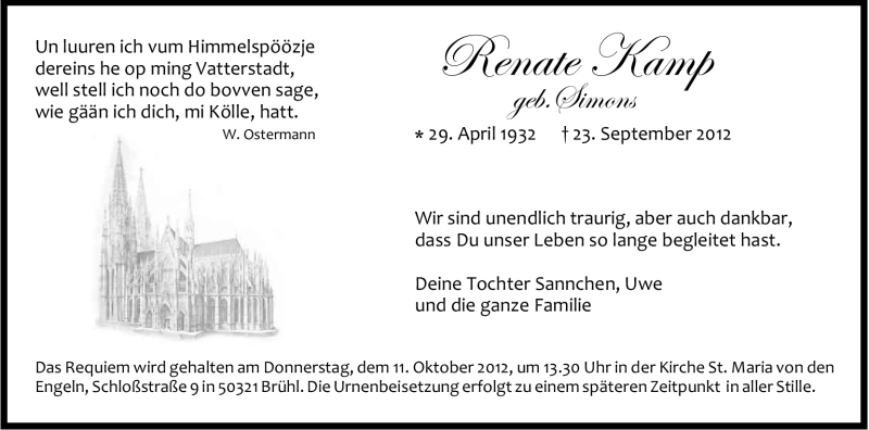  Traueranzeige für Renate Kamp vom 06.10.2012 aus Kölner Stadt-Anzeiger / Kölnische Rundschau / Express