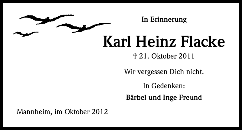  Traueranzeige für Karl Heinz Flacke vom 20.10.2012 aus Kölner Stadt-Anzeiger / Kölnische Rundschau / Express