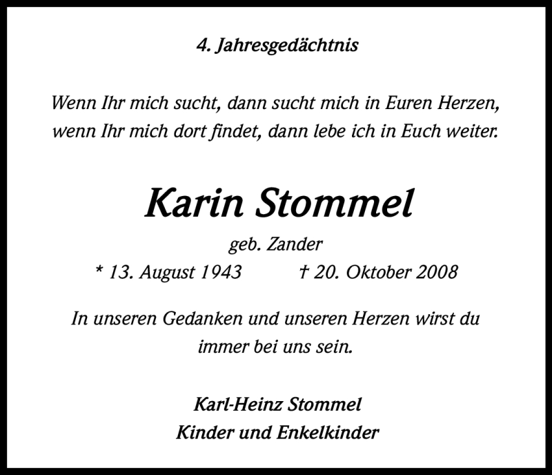  Traueranzeige für Karin Stommel vom 20.10.2012 aus Kölner Stadt-Anzeiger / Kölnische Rundschau / Express