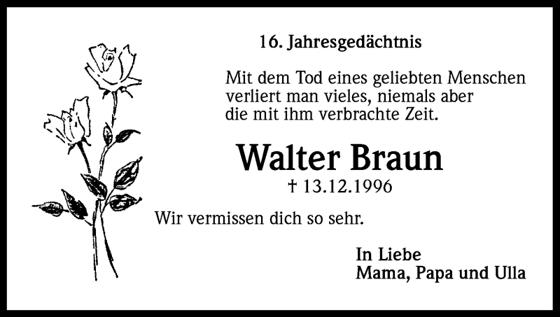  Traueranzeige für Walter Braun vom 13.12.2012 aus Kölner Stadt-Anzeiger / Kölnische Rundschau / Express