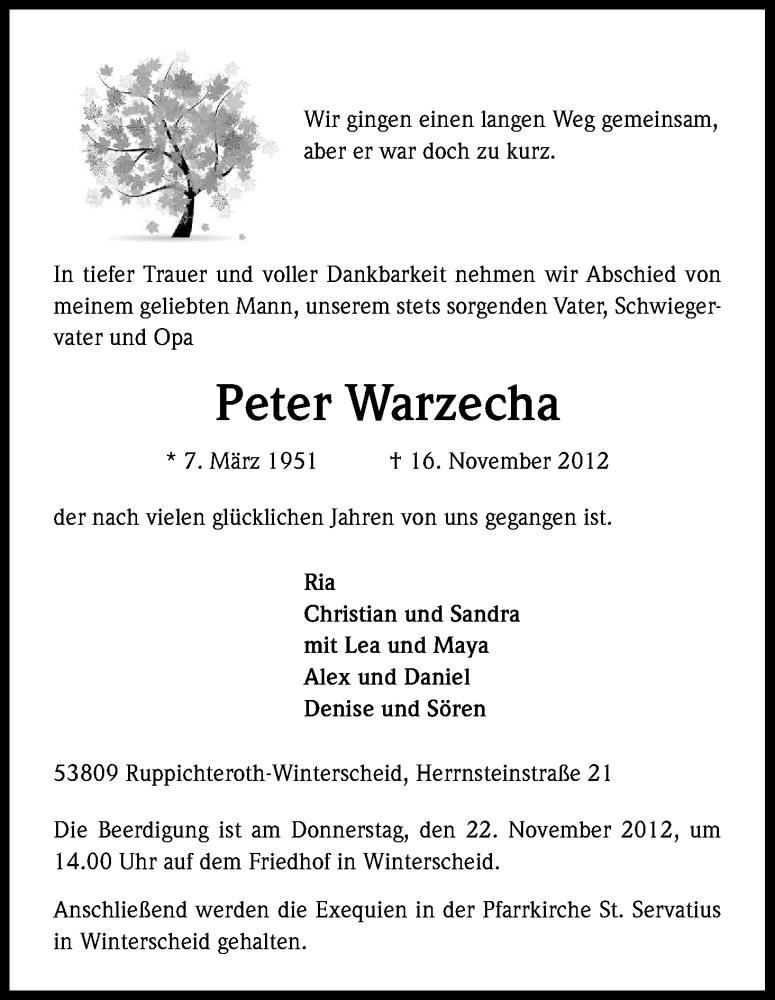  Traueranzeige für Peter Warzecha vom 20.11.2012 aus Kölner Stadt-Anzeiger / Kölnische Rundschau / Express
