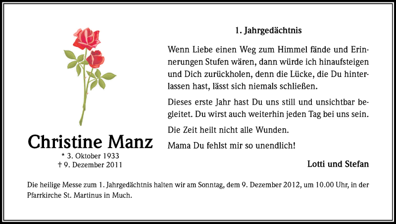  Traueranzeige für Christine Manz vom 24.11.2012 aus Kölner Stadt-Anzeiger / Kölnische Rundschau / Express