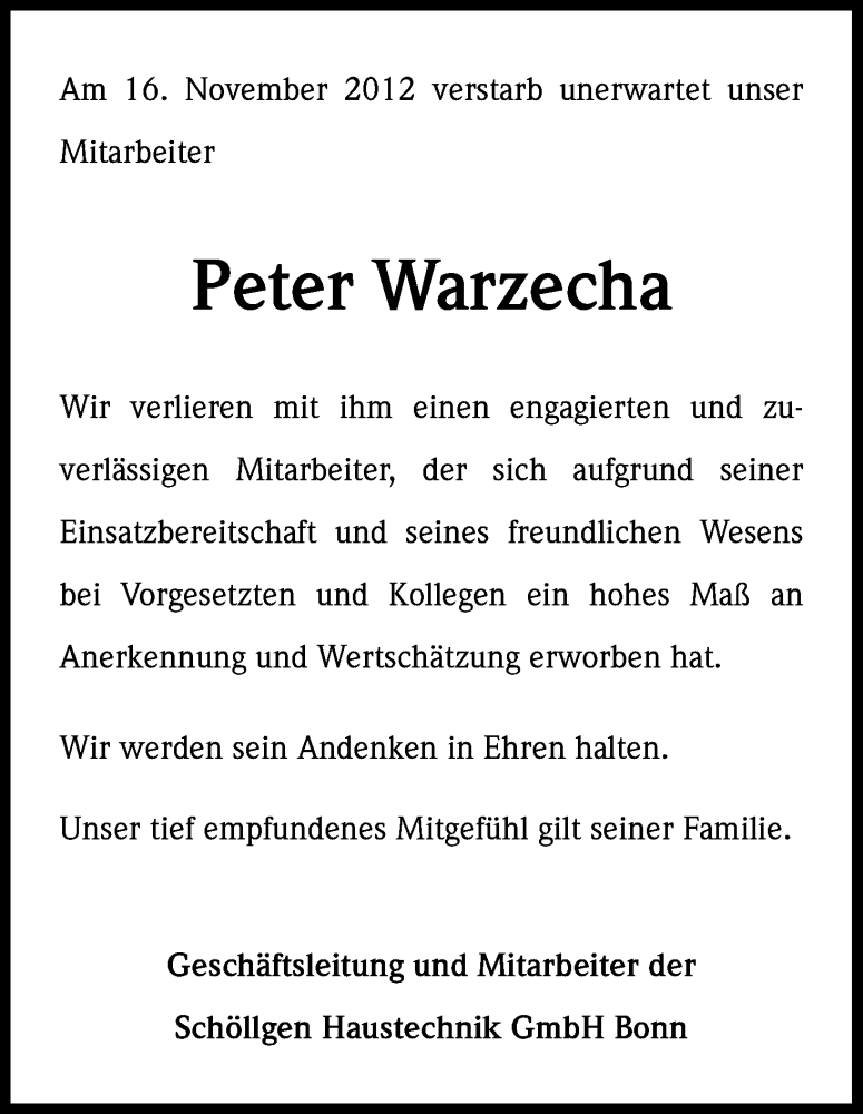  Traueranzeige für Peter Warzecha vom 24.11.2012 aus Kölner Stadt-Anzeiger / Kölnische Rundschau / Express