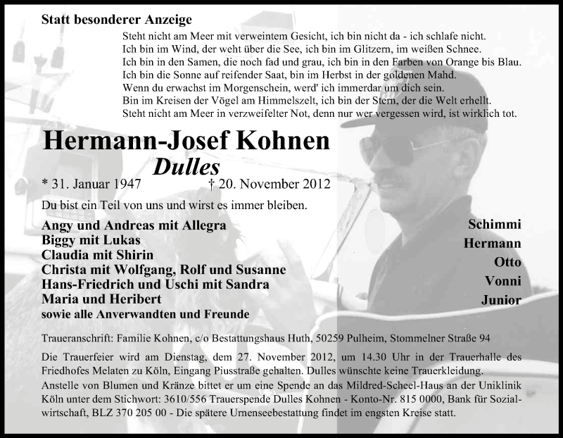  Traueranzeige für Hermann-Josef Kohnen vom 24.11.2012 aus Kölner Stadt-Anzeiger / Kölnische Rundschau / Express