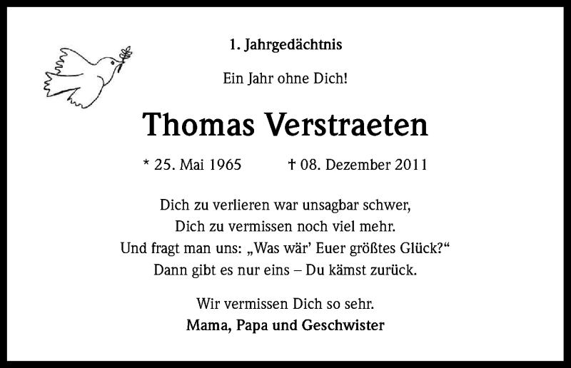  Traueranzeige für Thomas Verstraeten vom 08.12.2012 aus Kölner Stadt-Anzeiger / Kölnische Rundschau / Express