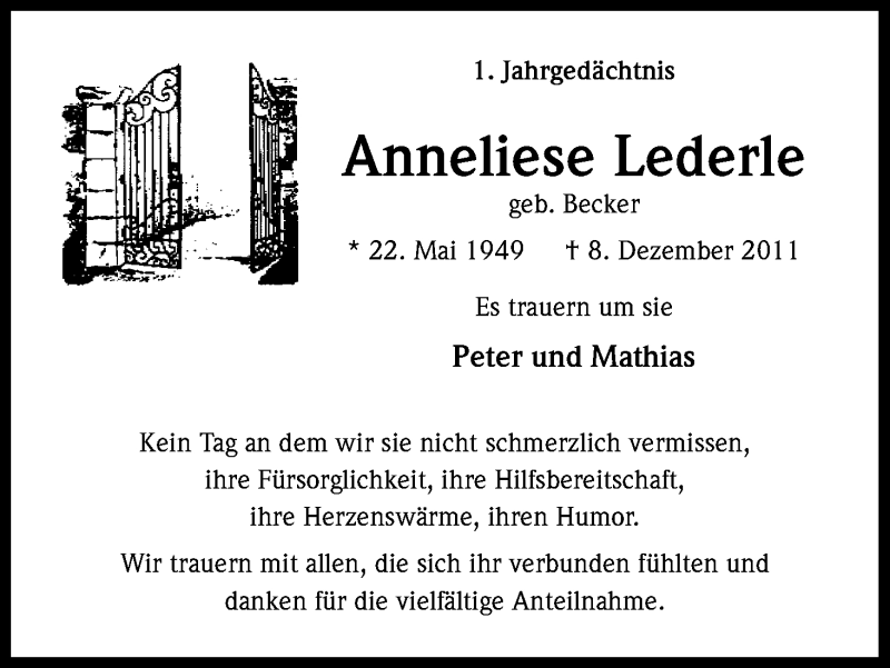  Traueranzeige für Anneliese Lederle vom 08.12.2012 aus Kölner Stadt-Anzeiger / Kölnische Rundschau / Express