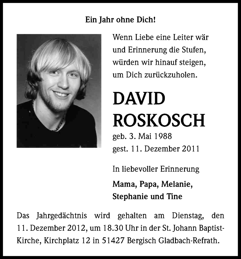  Traueranzeige für David Roskosch vom 08.12.2012 aus Kölner Stadt-Anzeiger / Kölnische Rundschau / Express