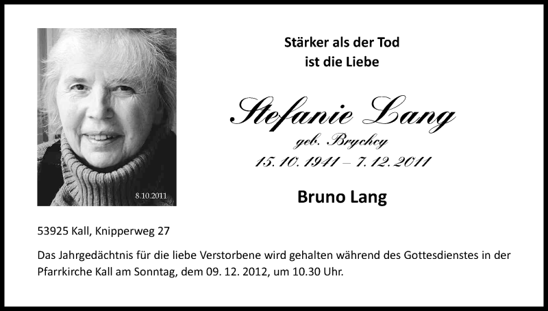  Traueranzeige für Stefanie Lang vom 08.12.2012 aus Kölner Stadt-Anzeiger / Kölnische Rundschau / Express