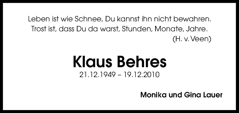  Traueranzeige für Klaus Behres vom 19.12.2012 aus Kölner Stadt-Anzeiger / Kölnische Rundschau / Express