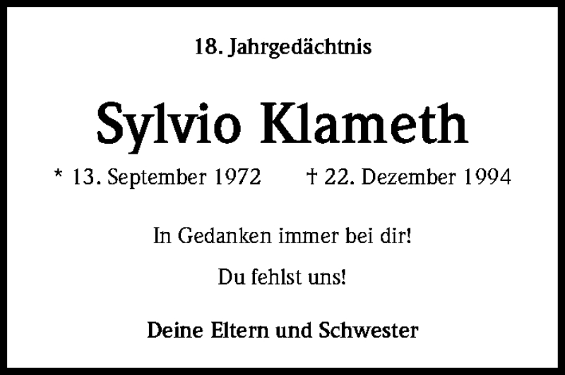  Traueranzeige für Sylvio Klameth vom 22.12.2012 aus Kölner Stadt-Anzeiger / Kölnische Rundschau / Express