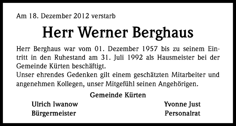  Traueranzeige für Werner Berghaus vom 24.12.2012 aus Kölner Stadt-Anzeiger / Kölnische Rundschau / Express