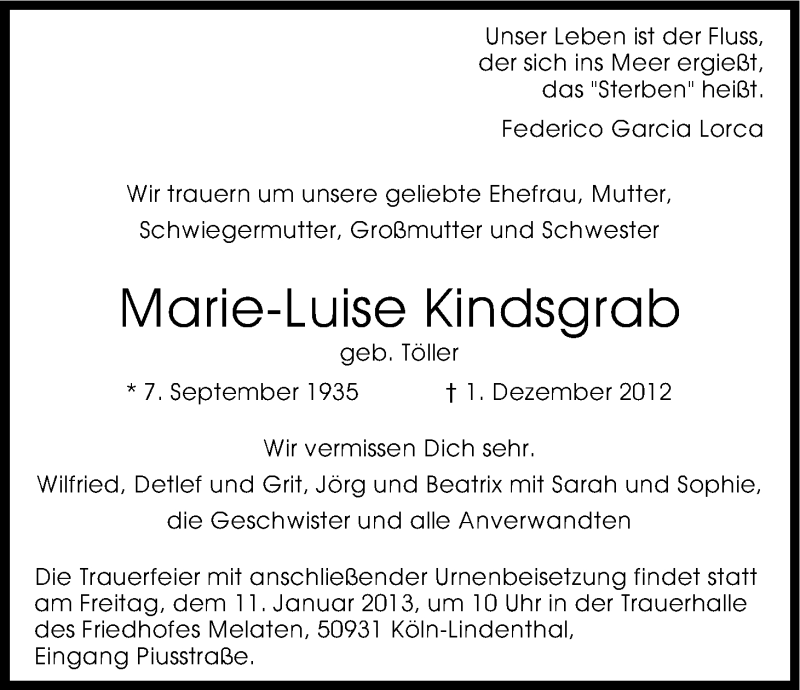  Traueranzeige für Marie-Luise Kindsgrab vom 05.01.2013 aus Kölner Stadt-Anzeiger / Kölnische Rundschau / Express