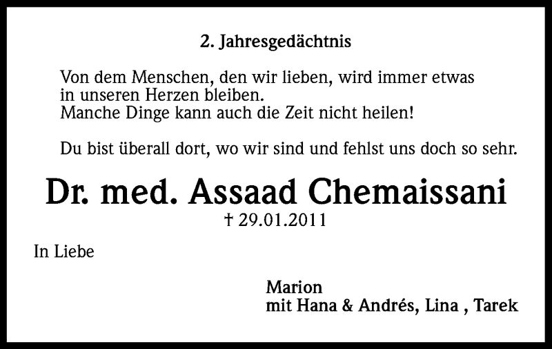  Traueranzeige für Assaad Chemaissani vom 29.01.2013 aus Kölner Stadt-Anzeiger / Kölnische Rundschau / Express