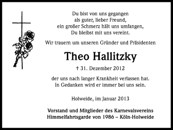Anzeige von Theo Hallitzky von Kölner Stadt-Anzeiger / Kölnische Rundschau / Express