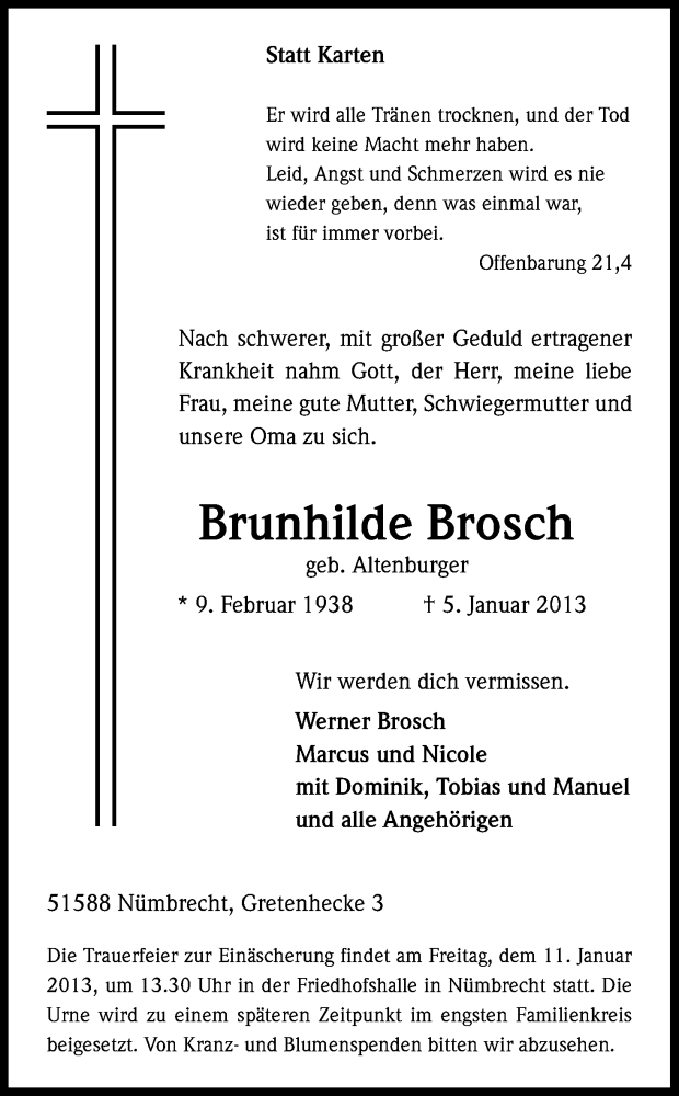  Traueranzeige für Brunhilde Brosch vom 08.01.2013 aus Kölner Stadt-Anzeiger / Kölnische Rundschau / Express