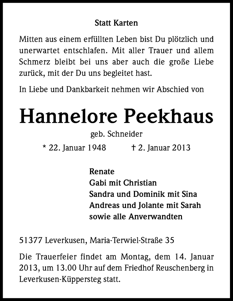  Traueranzeige für Hannelore Peekhaus vom 09.01.2013 aus Kölner Stadt-Anzeiger / Kölnische Rundschau / Express