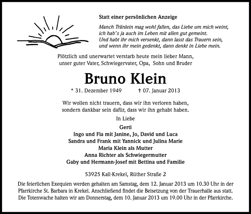  Traueranzeige für Bruno Klein vom 09.01.2013 aus Kölner Stadt-Anzeiger / Kölnische Rundschau / Express