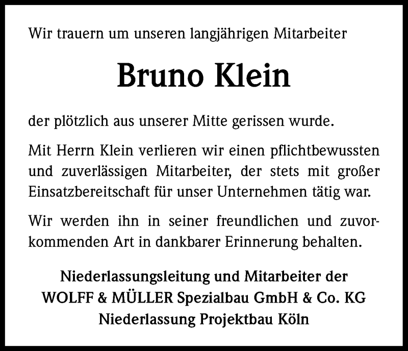 Traueranzeige für Bruno Klein vom 12.01.2013 aus Kölner Stadt-Anzeiger / Kölnische Rundschau / Express