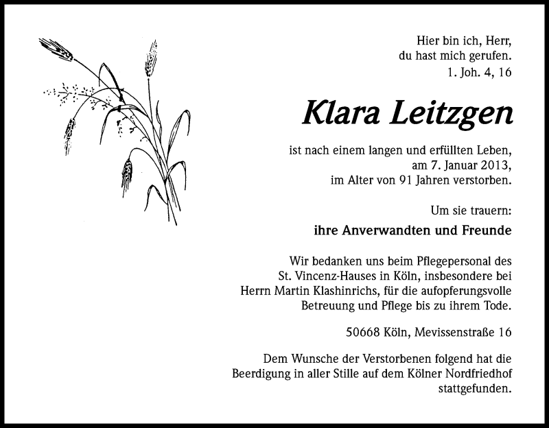 Traueranzeige für Klara Leitzgen vom 19.01.2013 aus Kölner Stadt-Anzeiger / Kölnische Rundschau / Express