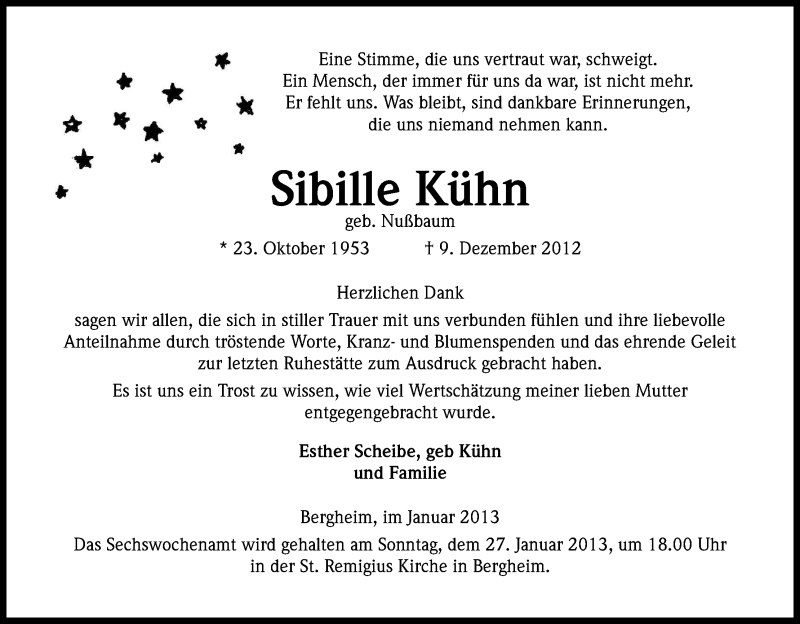  Traueranzeige für Sibille Kühn vom 19.01.2013 aus Kölner Stadt-Anzeiger / Kölnische Rundschau / Express