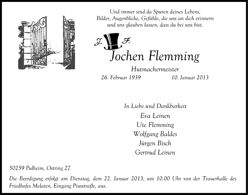  Traueranzeige für Jochen Flemming vom 19.01.2013 aus Kölner Stadt-Anzeiger / Kölnische Rundschau / Express