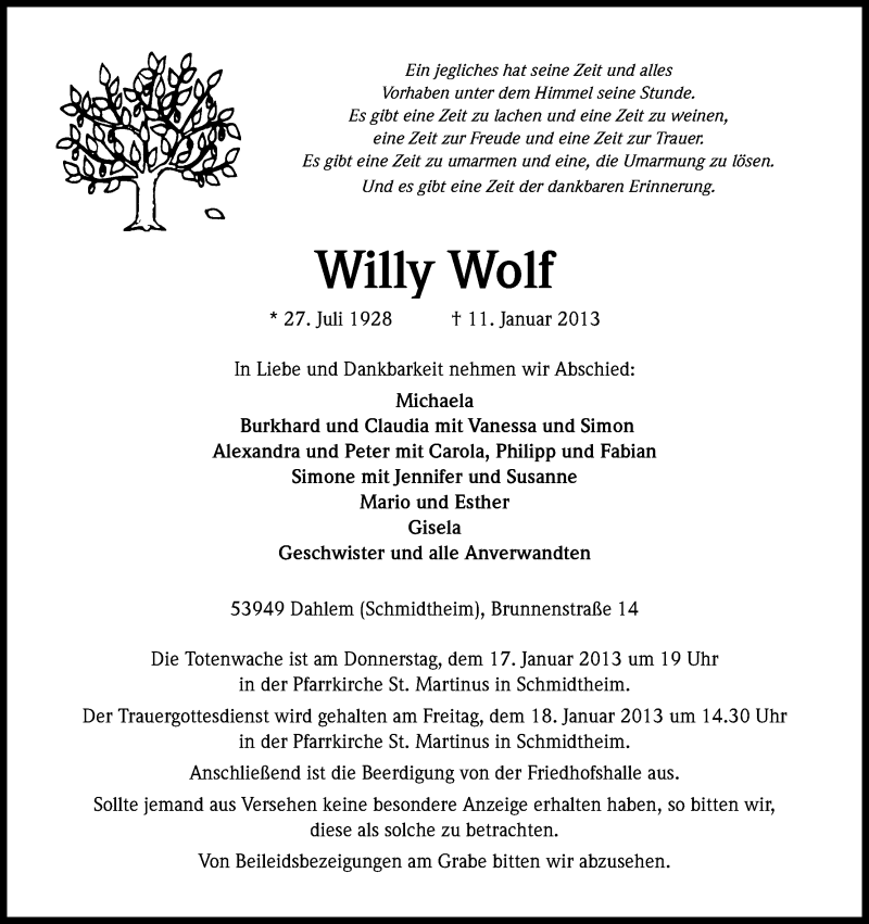  Traueranzeige für Willy Wolf vom 16.01.2013 aus Kölner Stadt-Anzeiger / Kölnische Rundschau / Express