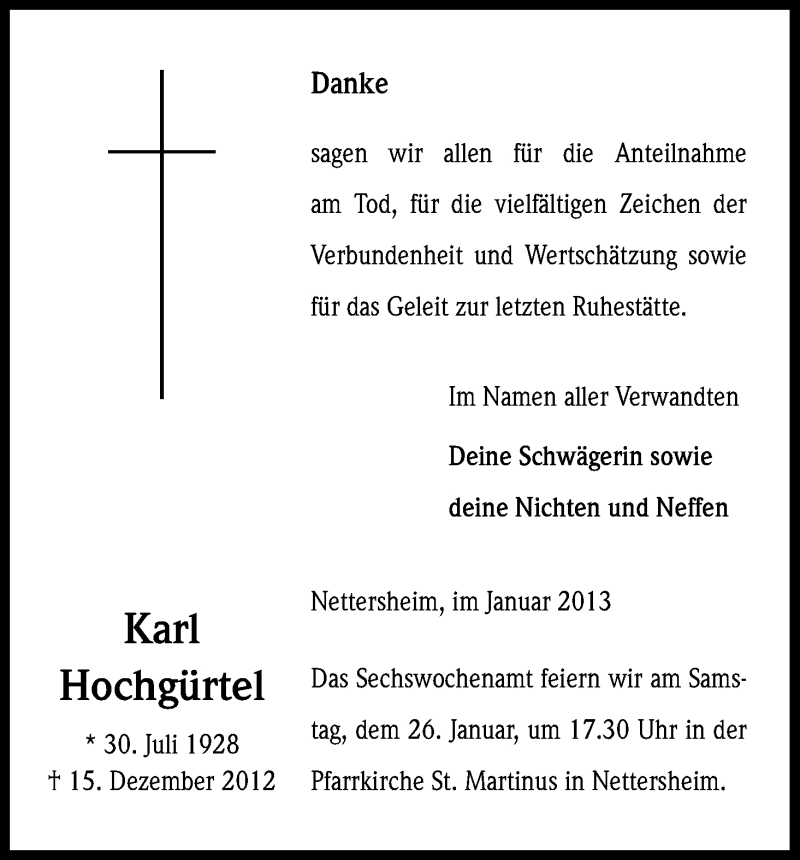  Traueranzeige für Karl Hochgürtel vom 19.01.2013 aus Kölner Stadt-Anzeiger / Kölnische Rundschau / Express
