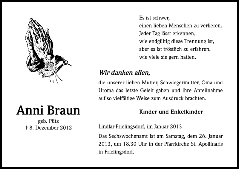  Traueranzeige für Anni Braun vom 19.01.2013 aus Kölner Stadt-Anzeiger / Kölnische Rundschau / Express