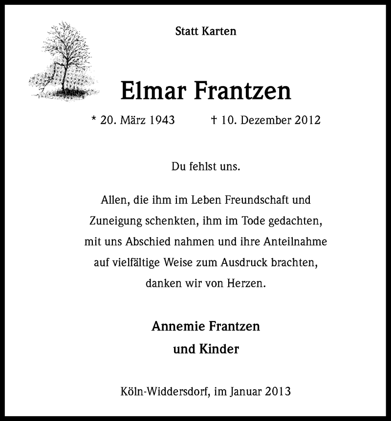  Traueranzeige für Elmar Frantzen vom 19.01.2013 aus Kölner Stadt-Anzeiger / Kölnische Rundschau / Express