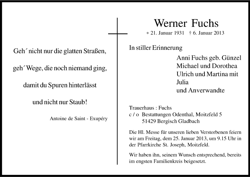  Traueranzeige für Werner Fuchs vom 19.01.2013 aus Kölner Stadt-Anzeiger / Kölnische Rundschau / Express
