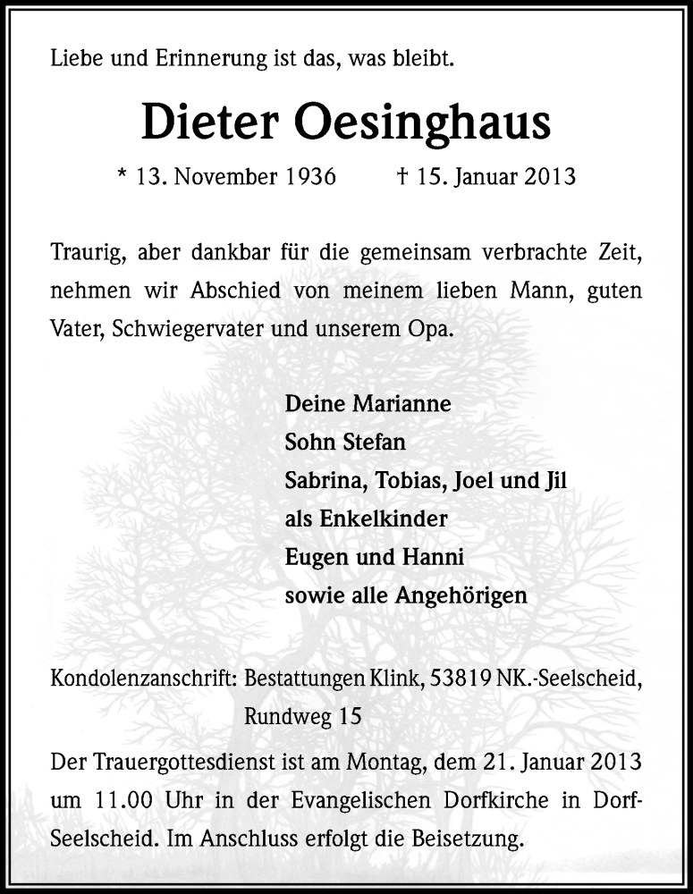  Traueranzeige für Dieter Oesinghaus vom 18.01.2013 aus Kölner Stadt-Anzeiger / Kölnische Rundschau / Express