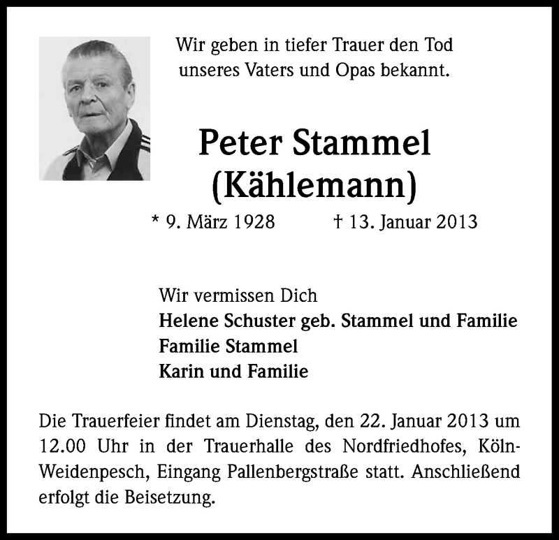  Traueranzeige für Peter Stammel vom 19.01.2013 aus Kölner Stadt-Anzeiger / Kölnische Rundschau / Express