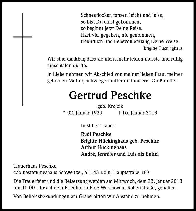  Traueranzeige für Gertrud Peschke vom 19.01.2013 aus Kölner Stadt-Anzeiger / Kölnische Rundschau / Express