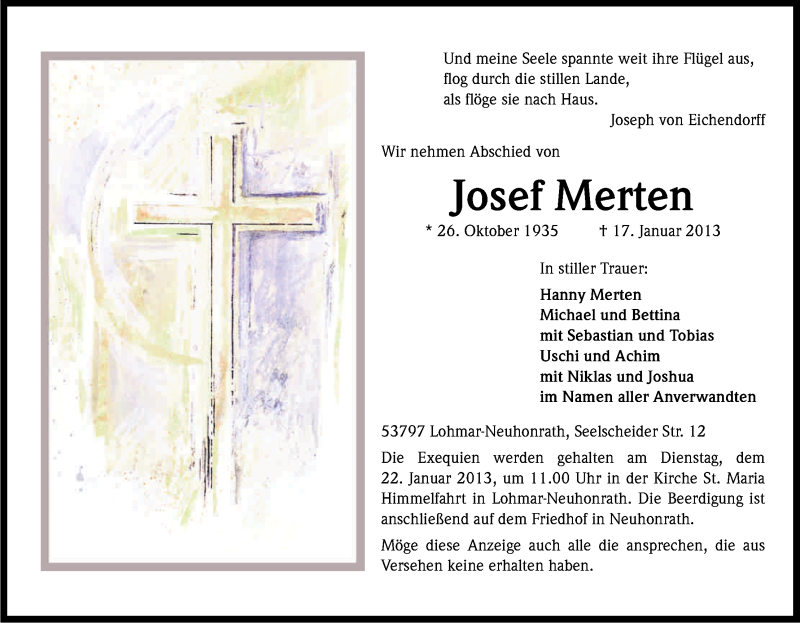  Traueranzeige für Josef Merten vom 19.01.2013 aus Kölner Stadt-Anzeiger / Kölnische Rundschau / Express