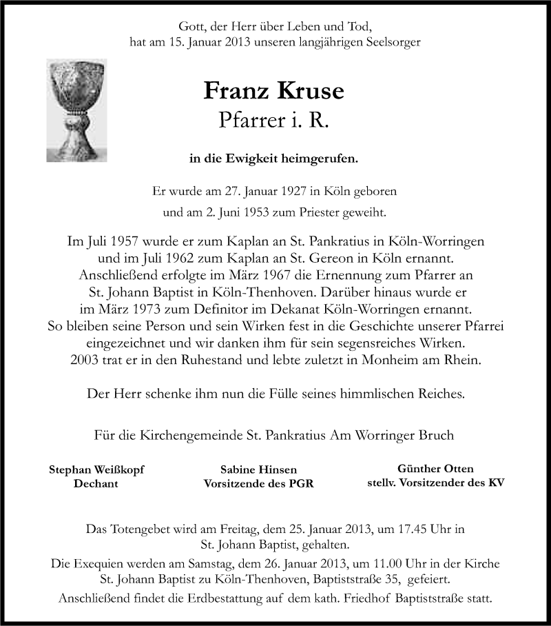  Traueranzeige für Franz Kruse vom 19.01.2013 aus Kölner Stadt-Anzeiger / Kölnische Rundschau / Express