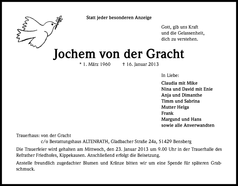  Traueranzeige für Jochem von der Gracht vom 19.01.2013 aus Kölner Stadt-Anzeiger / Kölnische Rundschau / Express